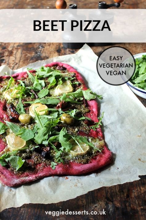 Beet pizza is eye-catching and delicious. The vegan pizza crust recipe is bright purple from the addition of beets (you can't taste them). Plus, it uses the entire beetroot - from root to leaf - in the pizza, beet leaf pesto and toppings. #veganpizza #beetpizza #beetleaves Beet Pizza, Vegan Pizza Crust Recipe, Vegan Pizza Crust, Pizza Vegana, Vegetarian Kids, Vegan Pizza Recipe, Vegetarian Recipes Lunch, Vegetarian Meals For Kids, Easy Vegetarian Dinner