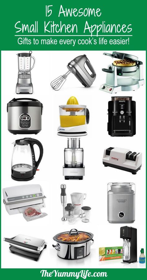 15 Awesome Small Kitchen Appliances. For your own wish list or as a gift guide for others, these make every cook's life easier! from The Yummy Life. Appliances Organization, Cooking Gadgets Appliances, Kitchen Appliances Organization, Must Have Kitchen Appliances, Kitchen Appliance List, Kitchen Essentials List, Kitchen Appliance Storage, Outdoor Kitchen Appliances, Cooking Supplies