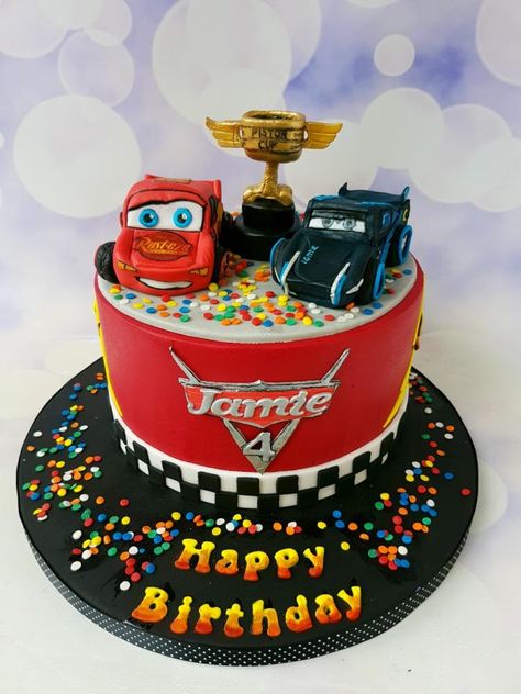 Cars 3 cake for a 4yr old by Jenny Dowd Cars 3 Cake, Cars Cake For Boys, Storm Cake, Car Cakes For Boys, Lightning Mcqueen Cake, Mcqueen Cake, Big Cars, Racing Theme, Cars Birthday Cake