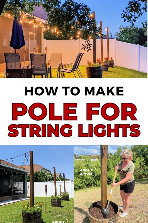 Enhance your patio with a DIY planter pole for string lights. Illuminate your evenings in style with this charming addition. Diy Planter Poles For Lights, Diy Outside Lighting Ideas, Flower Pot With Pole For Lights, Patio Light Poles Diy, Planters For Light Poles, Diy Flower Pot Light Post, Diy Patio Light Poles Pots & Planters, Patio Planters With Lights, String Light Poles Patio Planter