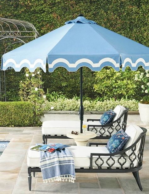 Designer Umbrella, Light Blue Cushions, Pool Chaise Lounge, Pool Chaise, Pool Lounge Chairs, Pool Chairs, Beach Chair Umbrella, Umbrella Designs, Outdoor Decorating