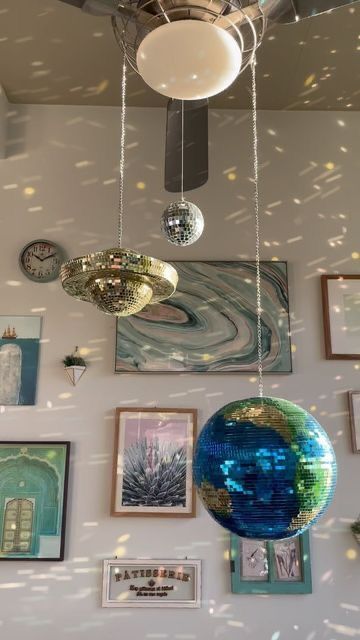 Globe Disco Ball, Disco Room Decor Ideas, Retro Disco Decor, Libra Room Aesthetic, Diy Mirrorball, Disco Ball In Room, Apartment Mural, Space Bedroom Aesthetic, Space Room Aesthetic