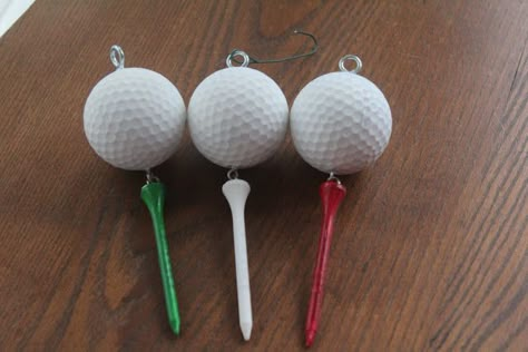 Golf Ball Christmas Ornaments Diy, Golf Tee Ornaments, Golf Tee Christmas Ornaments, Manly Christmas Ornaments Diy, Golf Ball Christmas Ornaments, Golf Ball Ornaments Diy, Golf Ornaments Diy, Diy Golf Ornament, Golf Themed Christmas Tree