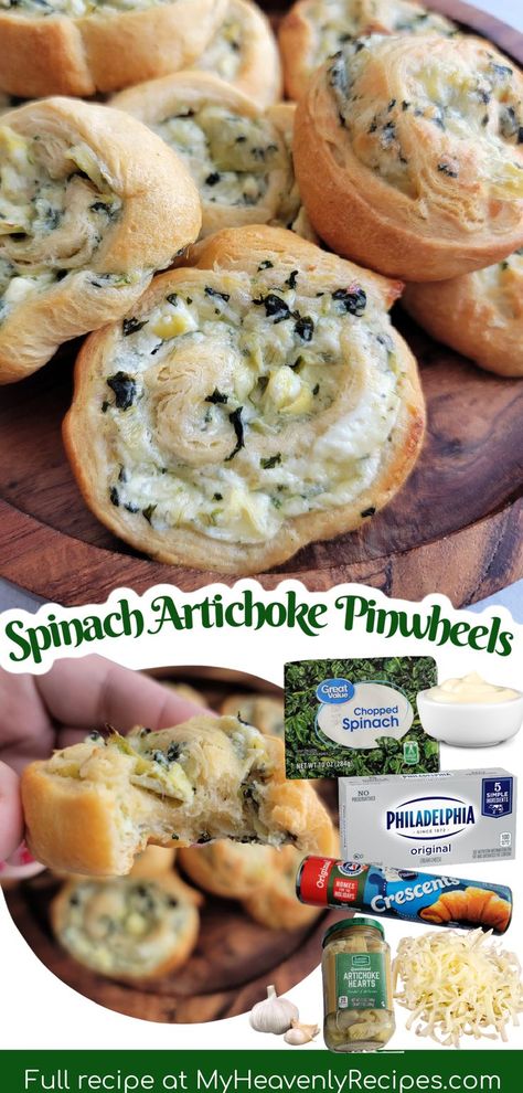 Spinach Artichoke Dip Christmas, Appetizers New Years Eve, Spinach Artichoke Pinwheels, Artichoke Pinwheels, Hot Spinach Artichoke Dip, One Little Project, Crescent Roll Appetizers, My Heavenly Recipes, Pinwheels Recipe