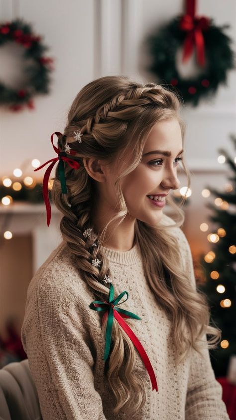 Kpop Xmas, Christmas Pics Ideas, Hairstyle For Christmas, Girly Hairstyle, Christmas Hair Ideas, Holiday Hairstyles Easy, Christmas Hairstyle, Girls Hair Style, Party Hairstyle