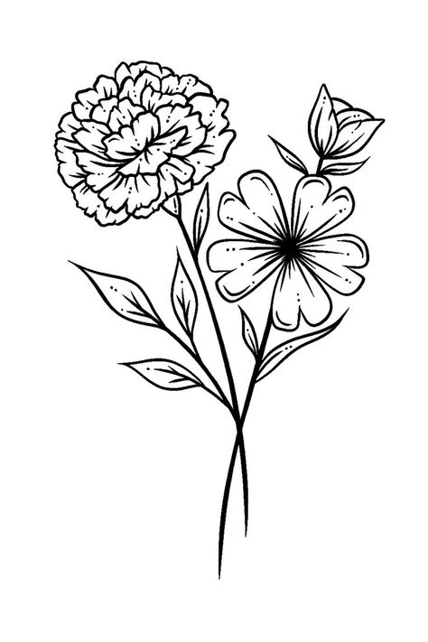 Custom Birth Month Bouquet Tattoo Drawing Please Read | Etsy Marigold And Cosmos Flower Drawing, January And October Birth Flower Tattoo, Carnation Bouquet Drawing, Chrysanthemum And Cosmos Tattoo, November And October Flower Tattoo, November And February Flower Tattoo, Morning Glory And Cosmos Tattoo, February And October Birth Flower Tattoo, Marigold And Violet Flower Tattoo