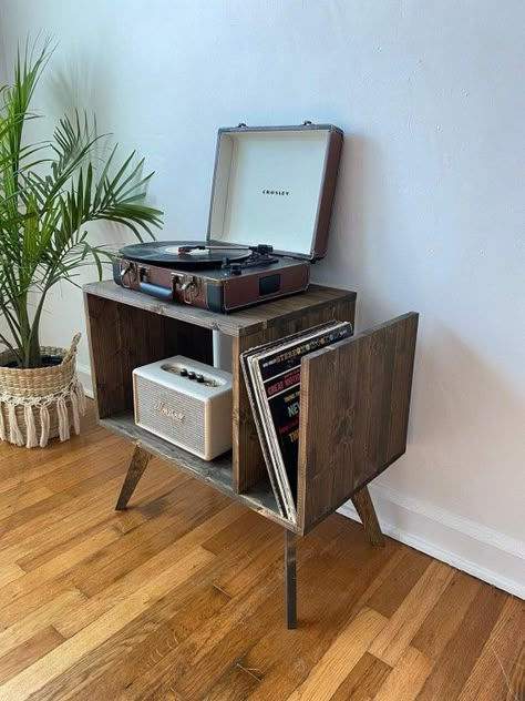 MCM Record Player Cabinet made of pine solid wood, dimensions are 26” Lengh X 24” Height x 16” Depth. Inner shelf dimensions are: 18.5 Lenght X 13 Height X 16 Depth -NO TOOLS REQUIRED TO ASSEMBLE ;) You will receive this item already assembled, all you will have to do is screw in the legs and Vinyl Record Furniture, Record Player Table, Record Player Cabinet, Low Bed Frame, Record Room, Record Player Stand, Record Cabinet, Record Table, Vinyl Storage