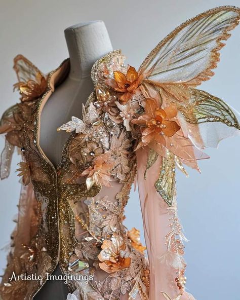 Medieval Fairy Dress, Autumn Leaves Dress, Spring Court Outfit, Nature Theme Dress, Enchanted Forest Gown, Season Fairies, Headpiece Diy, Fashion Artwork, Fairytale Fashion