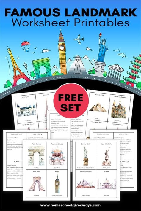 Free Social Studies Printables Kindergarten, Art From Around The World Lessons, Landmarks Around The World, World Landmarks, World Landmarks Printables, Continents Unit Study, Famous Landmarks Drawing, Geography Printables, Australia For Kids