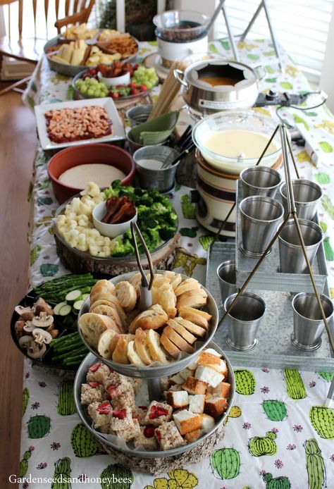 Fondue Party - Garden Seeds and Honey Bees Individual Fondue Cups, Winter Fondue Party, Retro Fondue Party, Fondue Steak Recipes, Brunch Fondue Ideas, Fondue Birthday Party Ideas, Fall Fondue Party, Fondue Birthday Party, Cheese Fondue Charcuterie Board