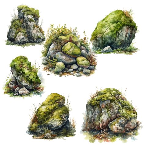 How To Draw Moss On Rocks, Rock Fence, Grass Drawing, Pond Painting, Landscape Design Drawings, Rock Textures, Tree Sketches, Moss Art, Nature Drawing