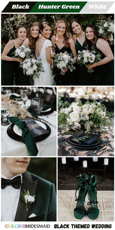 Forest Green Black Gold Wedding, Black Green Gold Wedding Bridesmaid Dresses, Forest Green Black And Silver Wedding, Black And Green Wedding Theme Bridesmaid Dress, Slytherin Themed Wedding, Green White Gold Black Wedding Color Palettes, September Wedding Colors Schemes, Black And Green Wedding Theme, Slytherin Wedding