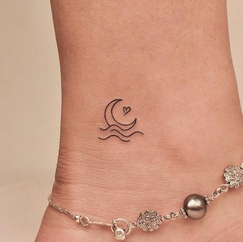 Tattoo Idea For Ankle, Tattoo Design For Ankle Women, Tiny Feet Tattoos For Women, Moon Tattoo Meaningful, Miniature Tattoo Ideas, Tatto On Ankle Woman, Small Heel Tattoo, Beautiful Ankle Tattoos, Moon On Ankle Tattoo