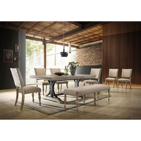 One Allium Way Dasher Upholstered Bench & Reviews | Wayfair Black Dining Room Furniture, Driftwood Finish, Dining Set With Bench, Solid Wood Dining Set, Black Dining Room, 7 Piece Dining Set, Upholstered Bench, Rustic Dining, Chic Furniture