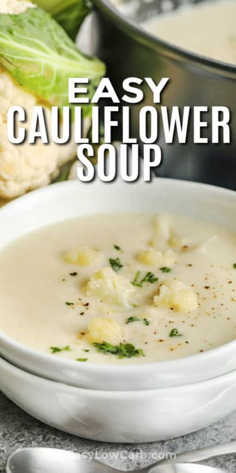 Low Carb Cauliflower Soup is easy to make on the stovetop or in the slow cooker. Simple ingredients mean simple recipes that please! #easylowcarb #lowcarbcauliflowersoup #soup #recipe #easy #ketorecipes #creamy #cheese #savory #slowcooker #crockpot Coliflower Soup, Cream Of Cauliflower Soup Recipe, Easy Cauliflower Soup, Cauliflower Soup Recipe, Creamy Soup Recipes, Cream Soup Recipes, Creamy Cauliflower Soup, Cauliflower Soup Recipes, Homemade Soup Recipe