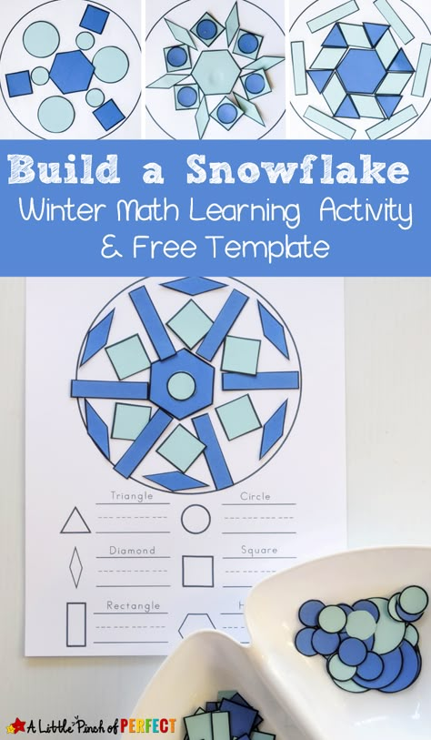 Build a Snowflake Winter Shape Math Activity and Free Printable: Kids can make beautiful snowflakes as they learn and craft with shapes. The free printable includes build and count mats, shapes, and tangrams. (Preschool, Kindergarten, First Grade, STEAM activity) Craft With Shapes, Build A Snowflake, Elementary Makerspace, Snowflake Bentley, Winter Math Activities, Steam Lessons, Steam Activity, January Activities, Reggio Classroom