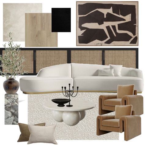 Modern Furniture Mood Board, White House Interior Modern Living Room, Beige Living Room Mood Board, Interior Styling Moodboard, Material Board Interior, Modern Living Room Mood Board, Collage Interior Design, Furniture Collage, Mood Boards Interior Design