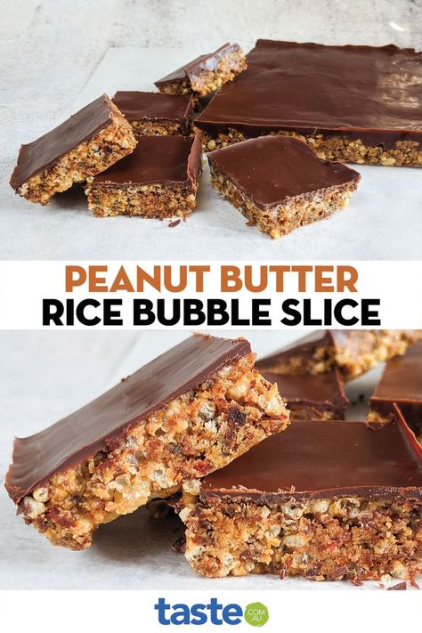 Combining peanut butter and rice bubbles, this crispy slice is an easy and quick way to impress the kids, and we can guarantee that you'll love it too! Rice Bubble Recipes, Bubble Recipes, Rice Bubble Slice, Peanut Butter Slice, Rice Bubbles, Butter Rice, Slices Recipes, Vanilla Coconut, Sweets Cake