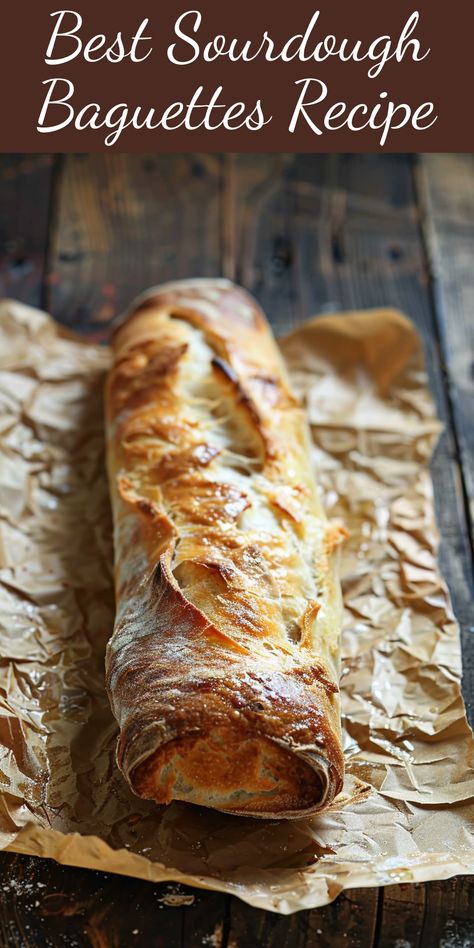 This is the best recipe for homemade sourdough baguettes. Try it today! Same Day Sourdough Baguette, Sourdough Baggett Recipe, Amybakesbread Sourdough, Sourdough Faccia Bread Recipes, Best Sourdough Bread Recipe, Sourdough Baguette Recipe, Baguettes Recipe, Sourdough Baguettes, Sourdough Baguette