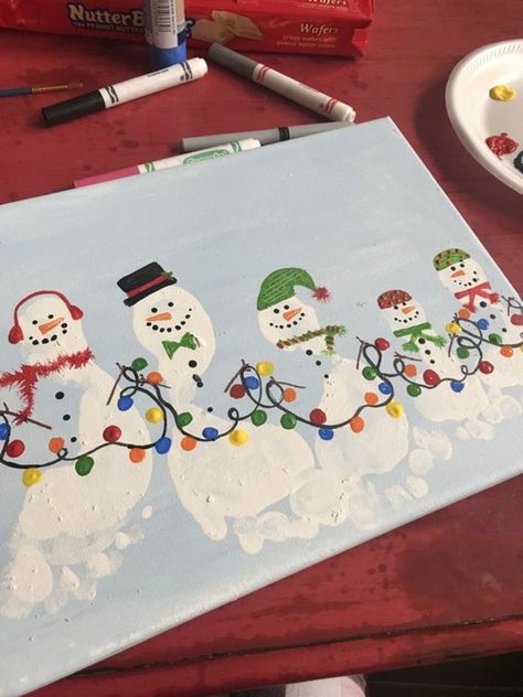 Feet Christmas Crafts, Baby Craft Christmas, Snowman Footprint Craft, Snowman Footprints, Winter Footprint Art, Christmas Feet Print Crafts, Christmas Infant Art, Christmas Canvas Paintings For Kids, Footprint Birthday Card