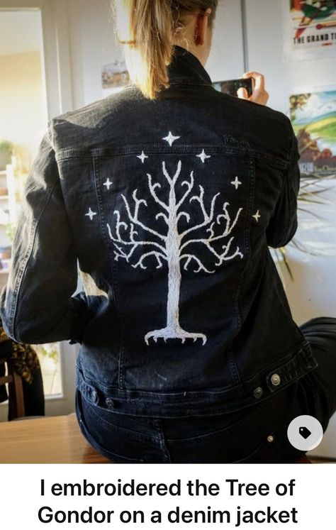 Cross Stitch Denim Jacket, Denim Jacket Embroidery Ideas, Fandom Embroidery, Lord Of The Rings Embroidery, Lotr Embroidery, Embroidery Denim Jacket, Denim Jacket Embroidery, Embroidery Jeans Jacket, Tree Of Gondor