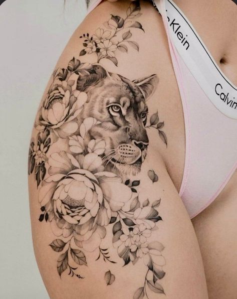 Tattoo Ideas Female Thigh Lion, Lioness Tattoo Thigh, Lioness Thigh Tattoo For Women, Lioness And Flowers Tattoo, Lion Hip Tattoos Women, Animal Tattoo Sleeve, Animal Thigh Tattoo, Lion Leg Tattoo, Side Thigh Tattoos Women