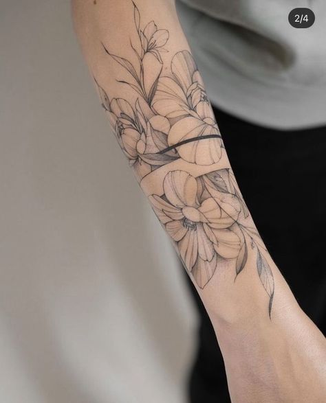 Poppy Tattoo Sleeve, Fine Line Floral Tattoo Sleeve, Grey Ink Tattoo, Feminine Shoulder Tattoos, Underarm Tattoo, Cuff Tattoo, Feminine Tattoo Sleeves, Poppies Tattoo, Vine Tattoos