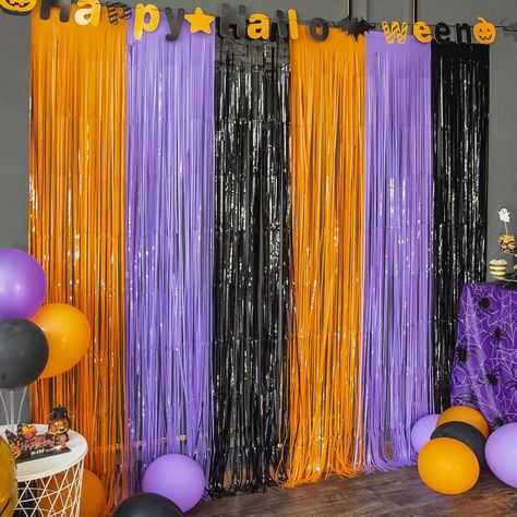 Halloween Foil Fringe Curtains Halloween Party Photo Backdrop, Young Women Activity Ideas, Halloween Booth, Halloween Photography Backdrop, Halloween Party Photo, Halloween Party Activities, Boo Bash, Fringe Curtains, Streamer Backdrop