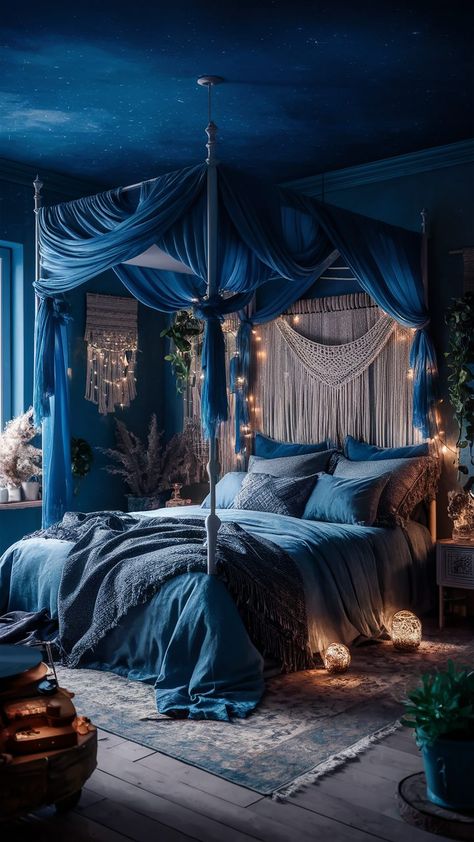 29 Blue Boho Bedroom Ideas 3 Goth Maximalism, Royal Blue Bedroom, Light Blue Boho Bedroom, Bedroom References, Bedroom Goth, Blue Boho Bedroom Ideas, Blue Boho Bedroom, Celestial Room, Stylish Bedroom Ideas