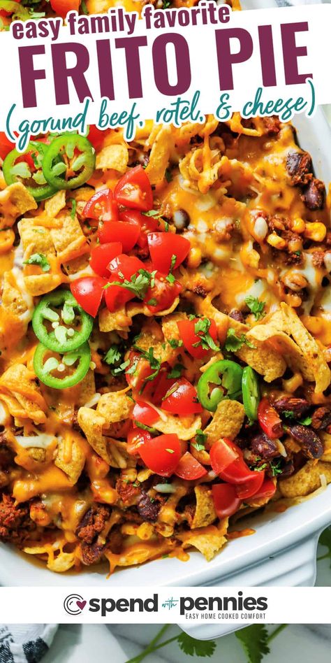 Frito Pie is an easy, delicious meal that the whole family will love! Layers of Fritos, seasoned beef, beans, tomatoes, corn & cheese, baked until the cheese is bubbly! #fritopie #spendwithpennies #fritotacopie #casserole Easy Delicious Casseroles, Frito Pie Recipe, Corn And Cheese, Green Chili Recipes, Frito Pie, Simple Family Meals, Corn Cheese, Best Chili Recipe, Cheese Baked