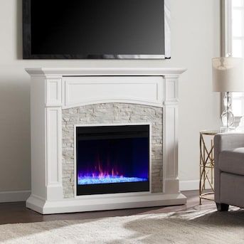 Boston Loft Furnishings 45.75-in W Crisp White with Rustic White Faux Stone Fan-Forced Electric Fireplace in the Electric Fireplaces department at Lowes.com Slytherin Living Room, Remove Closet, Fake Fireplaces, Crestview House, Diy Mirrored Furniture, Scandi Cottage, Media Electric Fireplace, Led Fireplace, Media Fireplace