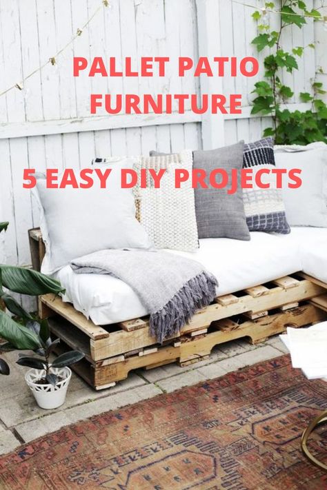 Pallet Patio Furniture. Here Are 5 Easy DIY Projects For a Beautiful Patio This Season! #palletfurniture #palletprojects #palletfurnitureoutdoor #palletideas #palletbardiy #palletoutdoor Pallet Furniture Outdoor Couch, Wood Pallet Couch, Diy Pallet Sofa, Pallet Furniture Designs, Pallet Garden Furniture, Pallet Patio Furniture, Pallet Patio, Pallet Couch, Pallet Sofa