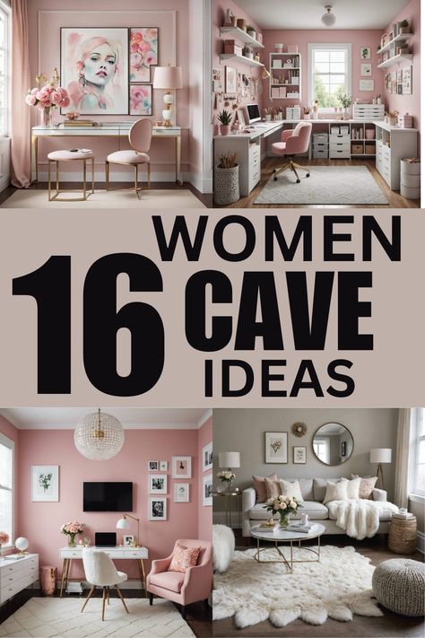 16 Women Cave Ideas for a Chic and Cozy Sanctuary - West Magnolia Charm Womens Sitting Room Ideas, Woman Lounge Room, Cozy Pink Room Ideas, Babe Cave Sign Diy, She Den Ideas, Lady Lounge, Family Cave Ideas, Shecave Ideas, Womens Room Lady Cave