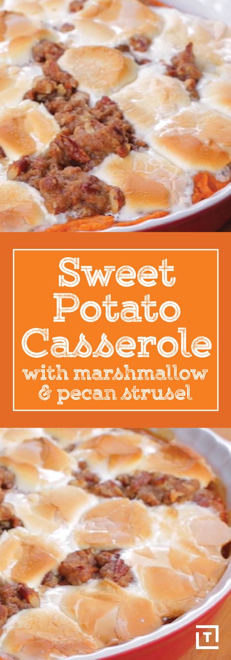 Sweet potatoes: the healthy-ish alternative to the notorious French fry and the staple of any Thanksgiving feast. Why try to complicate a good thing by turning it into a weird toast or gut-busting s'more when you could kick back with a classic? Behold: Twisted's sweet potato casserole with marshmallows and pecan streusel. It's the perfect balance of crunchy and creamy AND sweet and savory. Convenient, right? Check out the video to see how it's done. Sweet Potato Marshmallow Casserole, Thanksgiving Sidedish, Casserole Thanksgiving, Sweet Potato Casserole With Marshmallows, Sweet Potatoes With Marshmallows, Marshmallow Topping, Best Sweet Potato Casserole, Canned Yams, Sweet Potato Casserole Easy