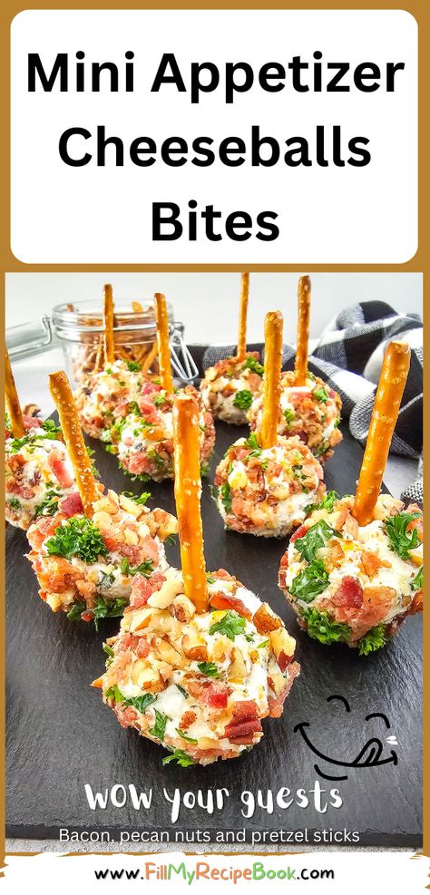 Mini Appetizer Cheeseballs Bites recipe for a No Bake party snack. Easy individual cheeseballs with bacon, pecan nuts, with a pretzel stick. Bacon Cheeseball Bites, Mini Cheese Balls On A Pretzel Stick, Bocce Ball Party Food, Appetizers With Pretzels, Cheeseball Bites Pretzel Sticks, Easy No Bake Thanksgiving Appetizers, Cheese Ball Bites Pretzel Sticks, Easy Bacon Appetizers, Mini Cheeseballs Appetizers