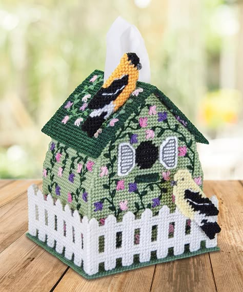 Adorable birdhouse to cleverly disguise your tissue box. Kit includes 7 mesh plastic canvas, acrylic yarn and pattern. Fits boutique size box. Tissue Box Diy, Plastic Canvas Tissue Box Cover, Tissue Box Crafts, Kleenex Box Cover, Box Craft, Plastic Canvas Ornaments, Plastic Canvas Tissue Boxes, Plastic Canvas Patterns Free, Box Patterns