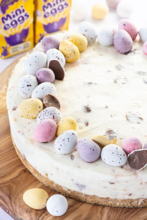 Mini Egg Cheesecake - A delicious, smooth no-bake white chocolate cheesecake, packed full of Cadbury Mini Eggs and topped with even more Mini Eggs - the perfect Easter dessert. Easy Mini Egg Cheesecake, Mini Eggs Cheesecake, Easter No Bake Cheesecake, Easter Cheesecake Ideas, Cadbury Cheesecake, Mini Egg Desserts, Cream Egg Cheesecake, Easter Cheesecake Recipes, Cadbury Egg Cheesecake