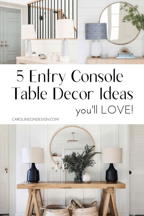 Entryway console table decorating ideas for your foyer. White trim work with a light wood table, round mirror, and lamps to decorate entryway. #consoletabledecorating #consoletableentryway Entry Table With Two Lamps, Hallway Table With Mirror, Console Table With Round Mirror, 2 Lamps On Console Table, Decorate Foyer Table, Transitional Foyer Entryway, Front Entryway Table, Entryway Console Table Decorating, Spanish Entryway