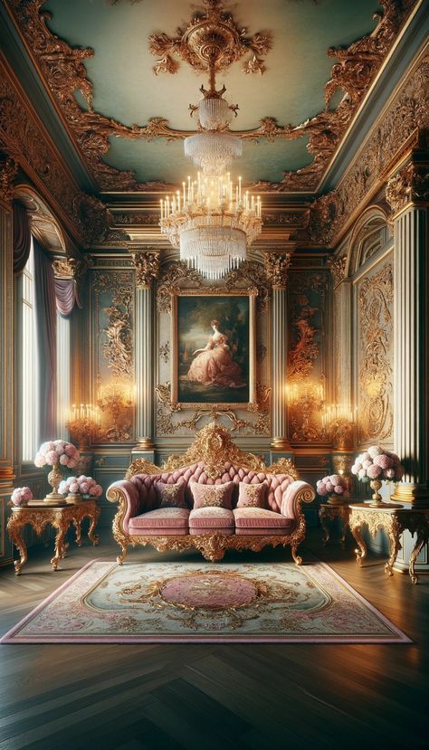 Dive into the epitome of Baroque elegance with our "Regal Opulence" series. Experience a world where every detail bursts with aristocratic luxury, from the gilded carvings of a Rococo sofa to the soft glow of a crystal chandelier. Perfect for admirers of classic European décor and timeless design. #BaroqueElegance #VintageLuxury #RegalInteriors #ClassicDecor #OpulentDesigns #AristocraticStyle #TimelessInteriors Baroque Living Room, Rococo Interior Design, Baroque Interior Design, Rococo Aesthetic, Baroque Chandelier, Rococo Interior, Baroque Interior, Wooden Beams Ceiling, Rococo Art