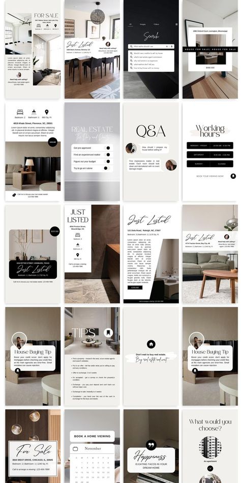 A collection of Real Estate social media posts. These Real Estate instagram posts are easily editable in Canva and will save you a lot of time! This pack of real estate templates is full of real estate content and includes funny real estate quotes and marketing tips, realtor social media posts and stories, realtor instagram feed ideas, and many more. Create a cohesive Instagram feed with these aesthetic Canva templates for realtors. You will find more real estate posts in my Etsy shop. Real Estate Agent Instagram, Realtor Social Media Posts, Aesthetic Canva Templates, Real Estate Posts, Editorial Design Magazine, Inmobiliaria Ideas, Instagram Design Layout, Instagram Post Ideas, Cohesive Instagram Feed