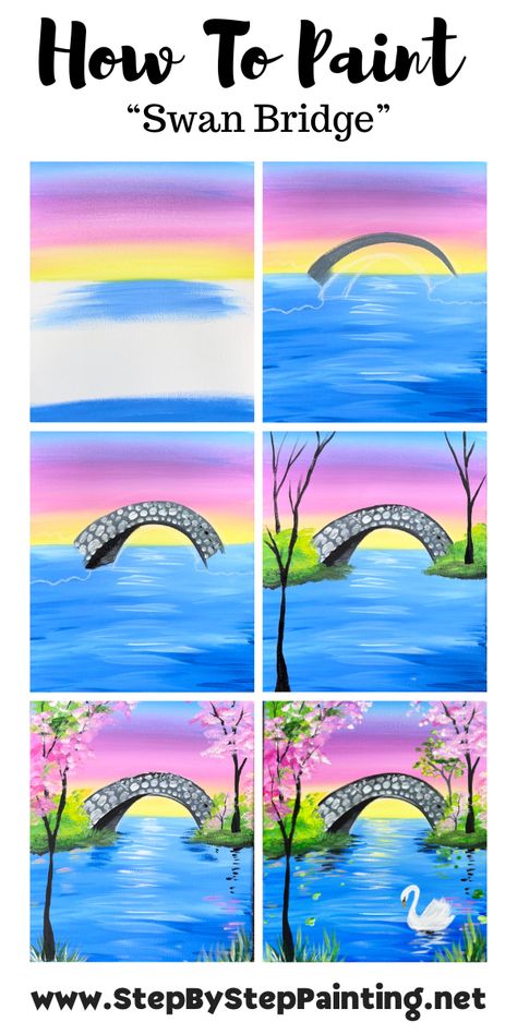 How To Paint "Swan Bridge" - Acrylic Painting Tutorial New Year Card Ideas, Crafts For Beginners, Learn Acrylic Painting, Fall Canvas Painting, Acrylic Art Projects, Canvas Painting Tutorials, Simple Canvas Paintings, Painting Classes, Spring Landscape