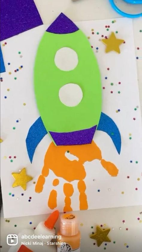 Handprint Rocket Craft in 2022 | Preschool crafts, School kids crafts, Art activities for kids Space Crafts Preschool, Space Theme Preschool, Rocket Craft, Grandparents Day Crafts, School Kids Crafts, Toddler Arts And Crafts, Daycare Activities, Hand Crafts For Kids, Creative Activities For Kids