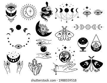 Celestial black magic symbols sun, moon, crystals, evil eye, witch hands and moth. Set of esoteric symbols, alchemy and witchcraft vector art Black Magic Symbols, Tattoo Chart, Moon Crystals, Evil Eye Tattoo, Esoteric Symbols, Witch Clipart, Witch Hands, Card Sketches Templates, Planet Tattoos