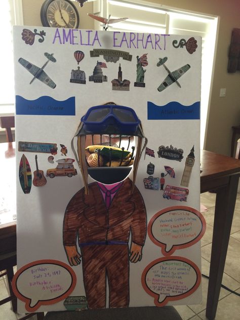 Biography project Amelia Earhart Third grade Amelia Earhart Wax Museum Project, Amelia Earhart Poster Project, Amelia Earhart Project, Amelia Earhart Poster, Biography Project Elementary, Amelia Earhart Activities, History Fair Projects, Biography Ideas, Book Report Projects