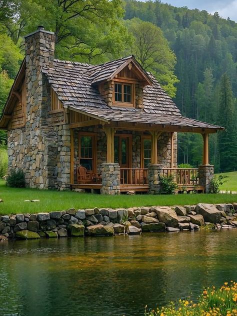 Stone Cabins Lovers Cottages Ideas, Small Stone Cottage, Closed In Porch, Small Stone House, Cabin Houses, Stone Cabin, How To Build A Log Cabin, Timber Cabin, Log Cabin Rustic