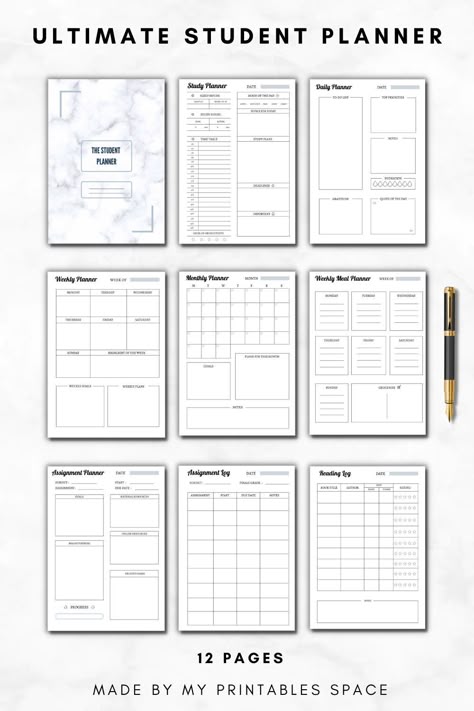 The student planner will help you stay organized and motivated by planning out your days, weeks & months ! This Printable Student Planner include all that you need for an organized & healthy Student life.  It includes : Front Cover. Study Planner. Assignment log. Assignment planner. Daily Planner. Weekly Planner. Monthly Planner. Weekly Meal Planner. Reading log. Book review. To-Do List. Braindump. These Planners can be printed as many times as you want. Click for more information ! Student Planner Organization, Study Planner Free, Study Planner Printable Free, Student Daily Planner, 2023 Study, Exam Planner, Student Weekly Planner, List Aesthetic, 2023 Digital Planner