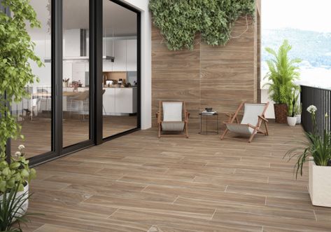 In this installation image, notice the Bengala Walnut floors and walls and that the floors extend indoors and outdoors. Outdoor Wood Tiles, Tile Patio Floor, Bedroom Floor Tiles, Wood Like Tile, Wood Wall Tiles, Wood Plank Tile, Wooden Floor Tiles, Terrace Tiles, Terrace Floor