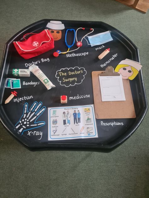 Doctors Tuff Tray, Human Body Tuff Tray Ideas, Hospital Eyfs Activities, Emergency Services Tuff Tray, Doctors Role Play, Community Helpers Tuff Tray, Doctors And Nurses Preschool Activities, People Who Help Us Tuff Tray, Emergency Services Eyfs Activities