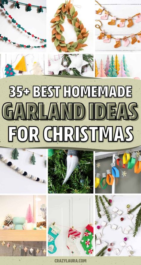 If you’re looking for creative ways to make your own holiday decorations this year, check out these DIY Christmas garland ideas and crafts for inspiration to get started! Winter Garland Diy, Diy Christmas Garland Ideas, Christmas Banner Diy, Diy Christmas Tree Garland, Christmas Garland Ideas, Paper Flower Garland, Felt Garlands, Crazy Laura, Paper Flower Garlands