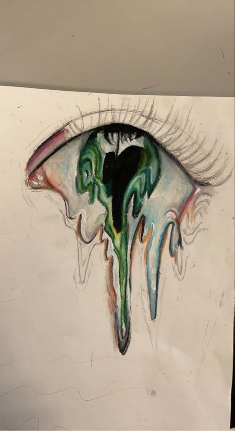 distorted melting coloured eye style Dripping Eye Painting, Melting Eye Art, Brain Melting Art, Contrast Drawing Ideas Colour, Gcse Art Eye Page, Melting Art Drawing, Something Melting Drawing, Distortion Sketch, Strange And Fantastic Gcse